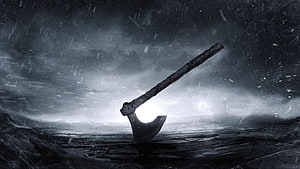 Norse Battle Axe Planted in Snowy Landscape Under Stormy Sky HD wallpaper