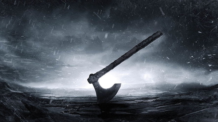 Norse Battle Axe Planted in Snowy Landscape Under Stormy Sky HD wallpaper
