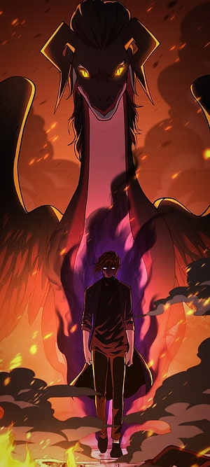 Arthur and Sylvie in a fiery apocalyptic scene with a towering demonic dragon looming behind them HD phone wallpaper