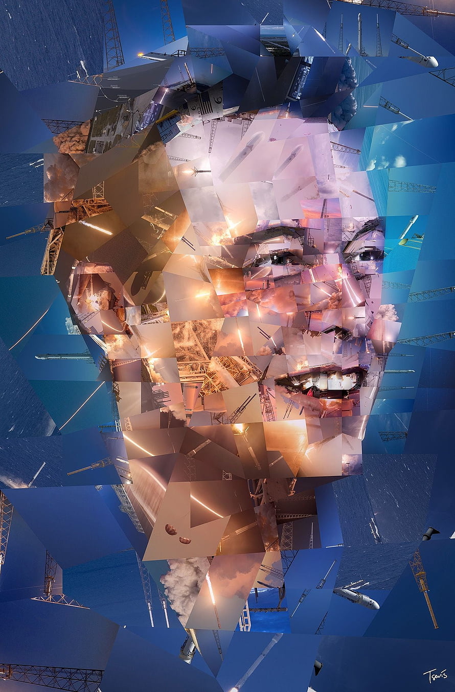 Elon Musk Portrait Mosaic Composed of Rocket Launches and Spacecraft HD phone wallpaper