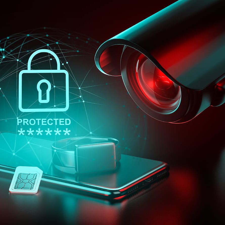Cybersecurity Concept with Surveillance Camera, Lock Icon, and Smartphone on Dark Background HD phone wallpaper