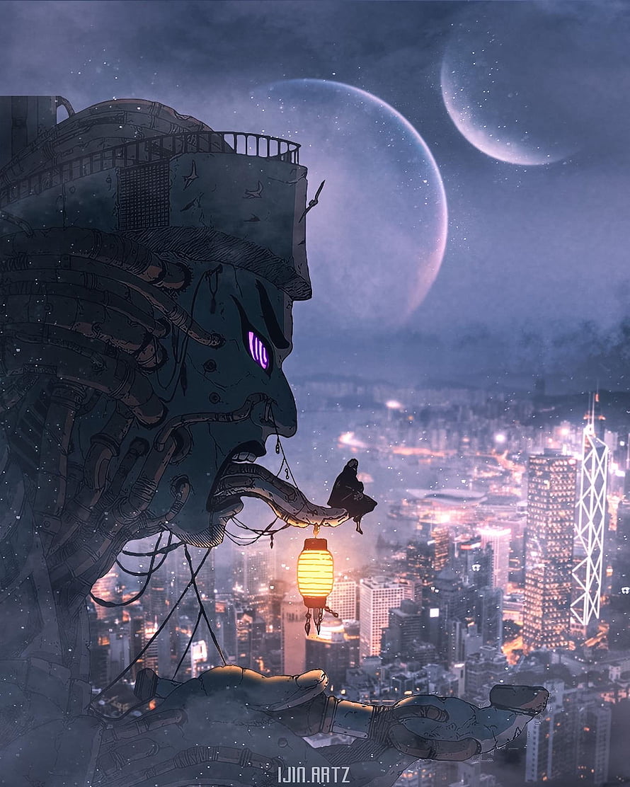 Colossal Mecha Head Overlooking Neon Cityscape with Glowing Lantern and Moons HD phone wallpaper