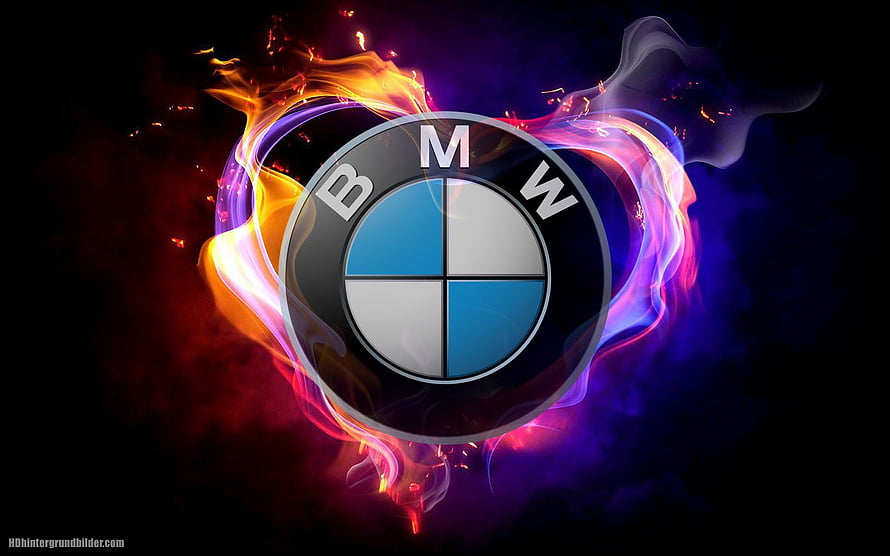 BMW Logo Enveloped in Vibrant Neon Flames and Swirling Smoke on Dark Background HD wallpaper