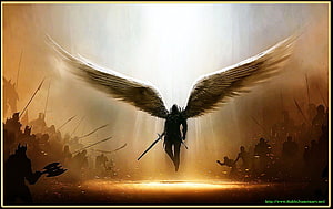Archangel Gabriel with Wings and Sword Descending into a Dark Battlefield HD wallpaper