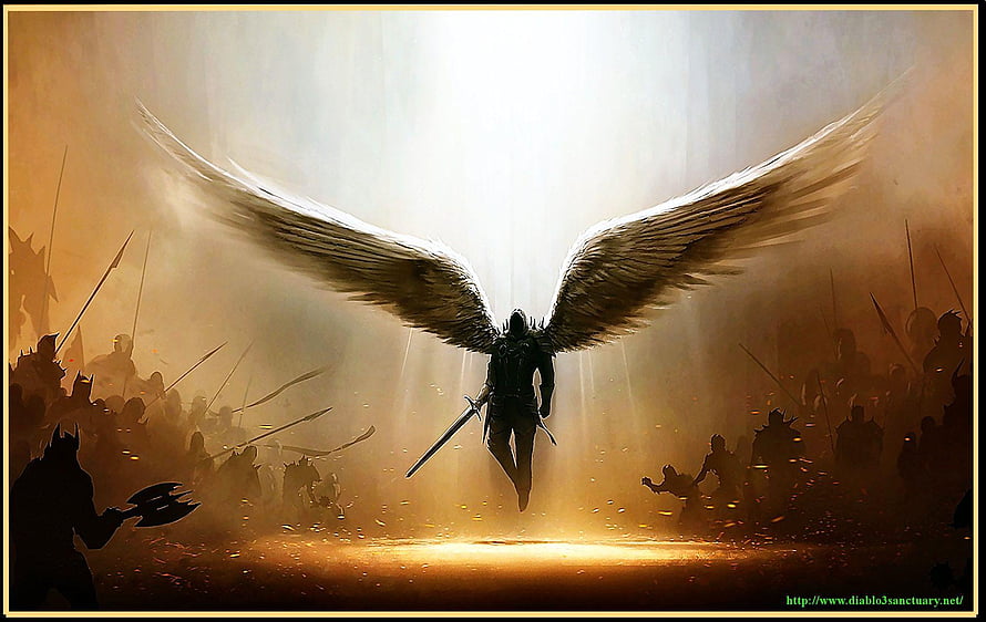 Archangel Gabriel with Wings and Sword Descending into a Dark Battlefield HD wallpaper