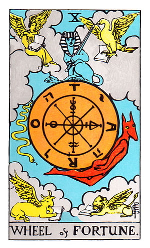 Wheel of Fortune Tarot Card Illustration with Mythical Creatures and Celestial Symbols HD phone wallpaper
