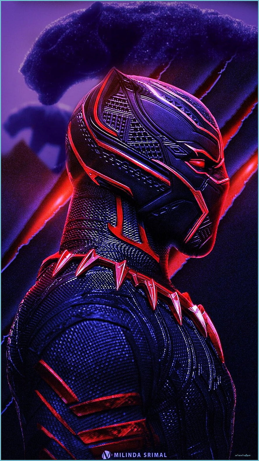 Black Panther T'Challa in High-Tech Armor with Red Accents and Dramatic Purple Lighting HD phone wallpaper