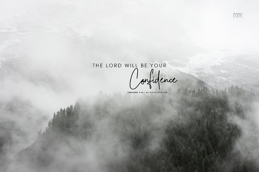 Misty Mountain Forest with Inspirational Bible Verse Quote HD wallpaper