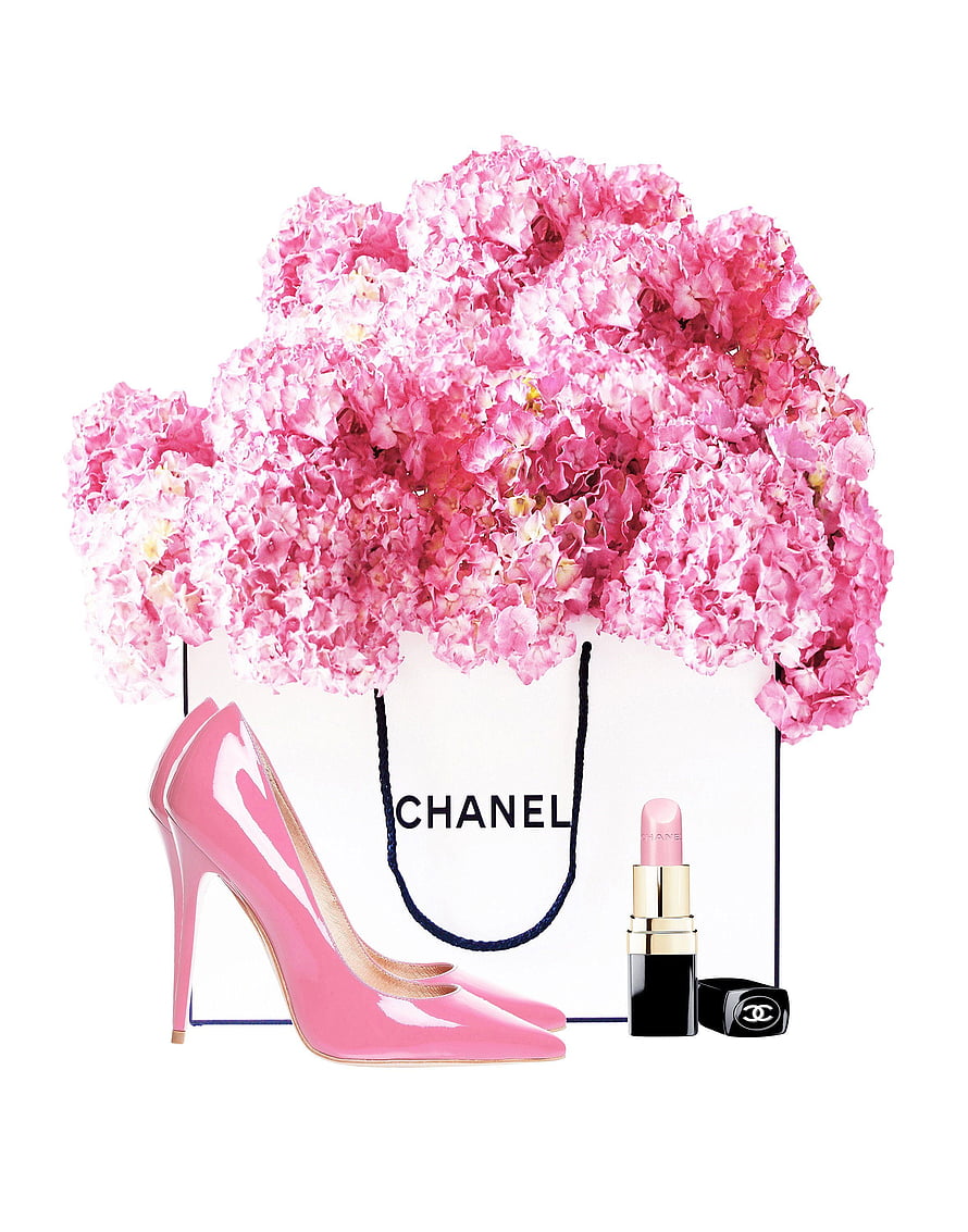 Chanel Shopping Bag with Pink Hydrangeas, Patent Heels, and Lipstick on White Background HD phone wallpaper