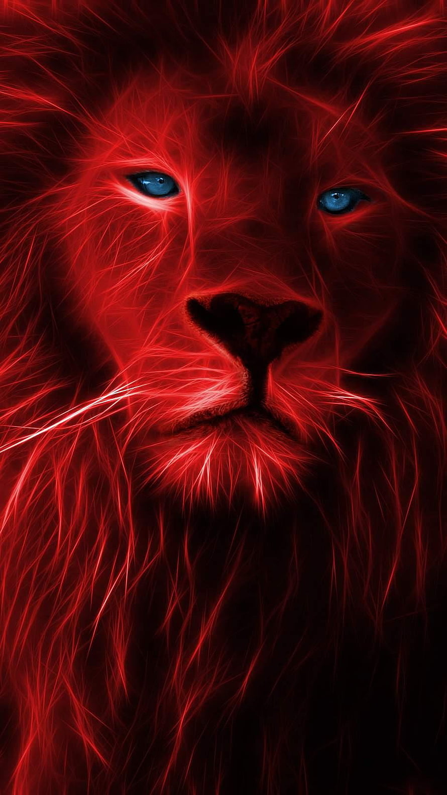 Glowing Red Lion Portrait with Blue Eyes and Fiery Mane HD phone wallpaper