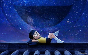 Nobita from Doraemon Reclining on a Rooftop Under a Starry Night Sky HD wallpaper