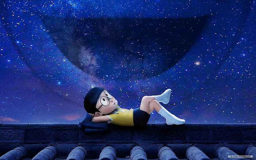 Nobita from Doraemon Reclining on a Rooftop Under a Starry Night Sky HD wallpaper