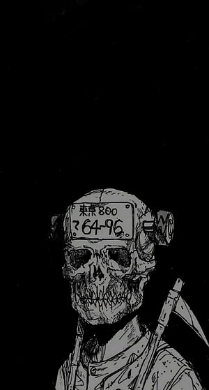 Dorohedoro Skull Character with License Plate on Black Background HD phone wallpaper