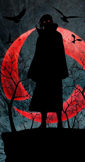 Uchiha Itachi Silhouette Against Blood Moon in Dark Naruto Anime Art HD phone wallpaper
