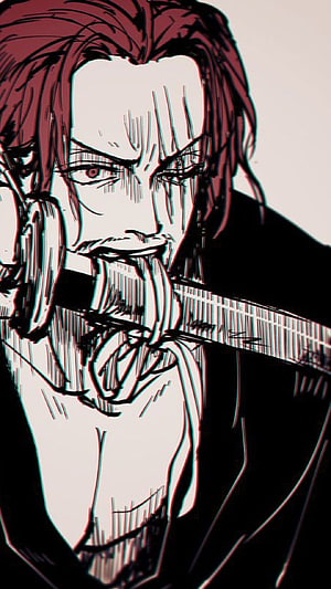 Shanks from One Piece in a gritty manga-style close-up with a sword at his mouth HD phone wallpaper