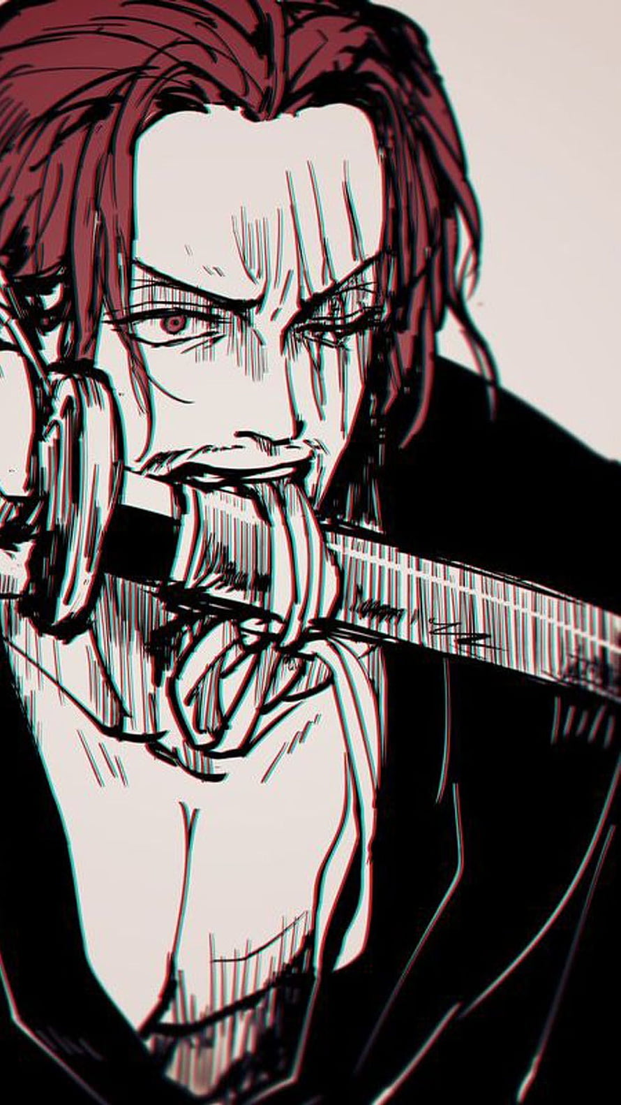 Shanks from One Piece in a gritty manga-style close-up with a sword at his mouth HD phone wallpaper