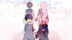 Hiro and Zero Two Walking Through Cherry Blossoms in Darling in the Franxx HD wallpaper