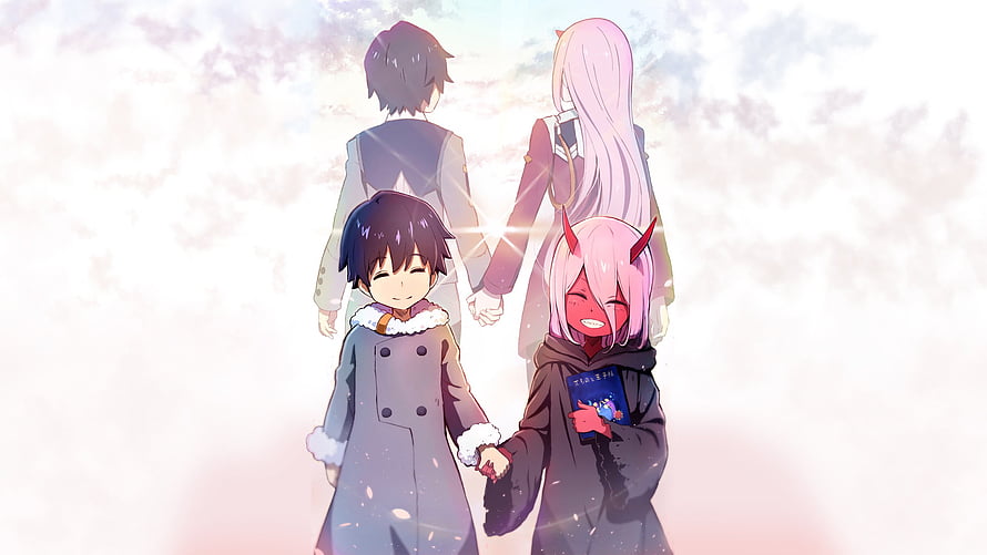 Hiro and Zero Two Walking Through Cherry Blossoms in Darling in the Franxx HD wallpaper
