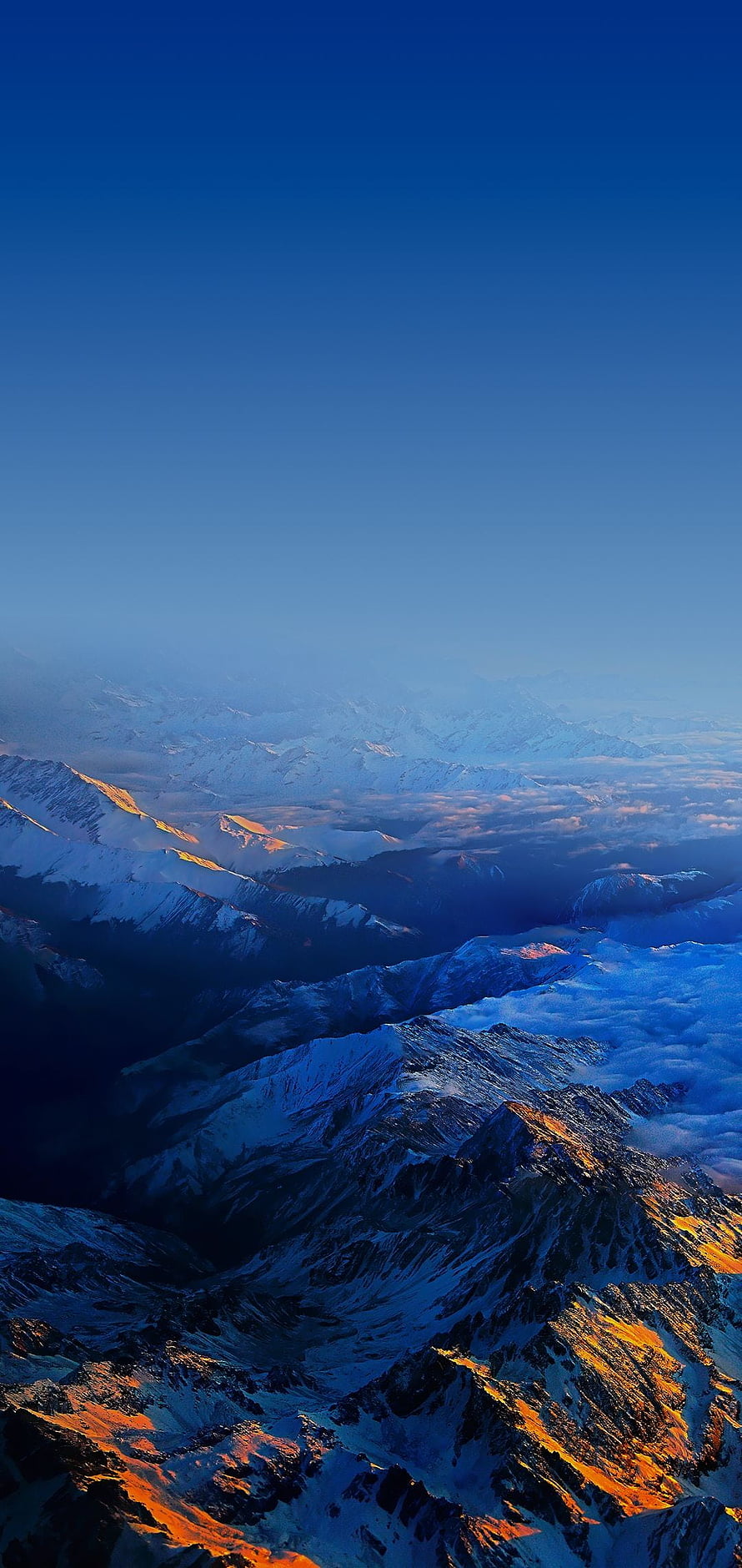 Snow-Capped Alpine Peaks at Golden Hour with Sea of Clouds and Deep Blue Sky HD phone wallpaper