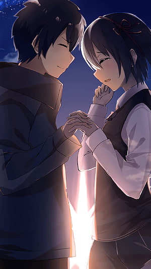 Romantic Anime Couple Holding Hands at Dusk HD phone wallpaper