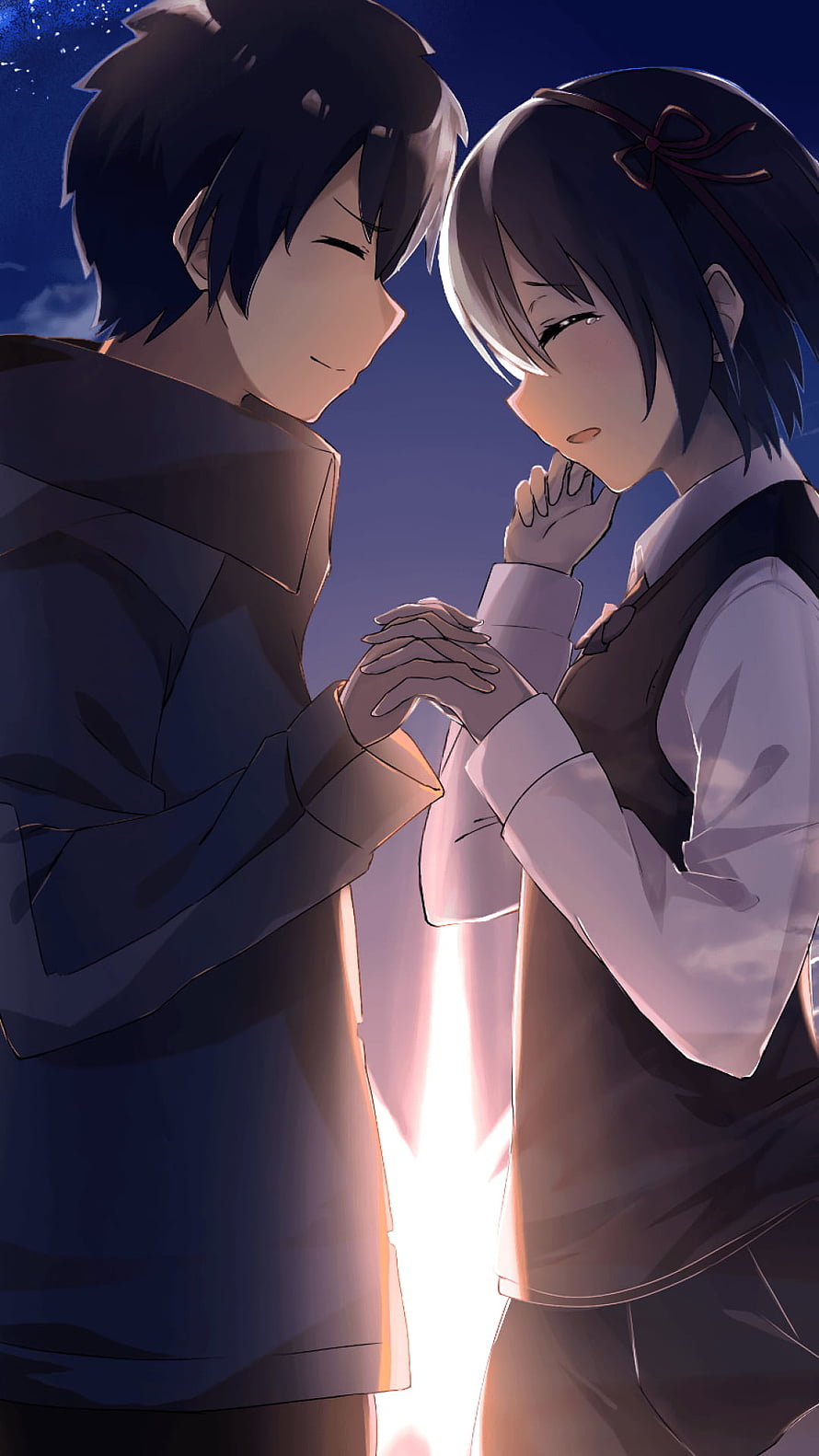 Romantic Anime Couple Holding Hands at Dusk HD phone wallpaper