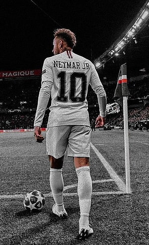 Neymar Jr in PSG Away Kit Preparing for a Corner Kick at Night HD phone wallpaper