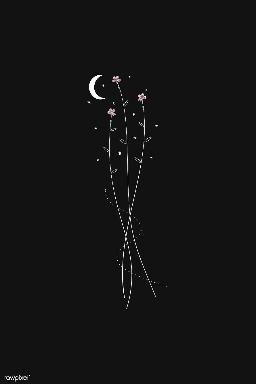 Minimalist line art of delicate pink flowers and a crescent moon on a black background HD phone wallpaper