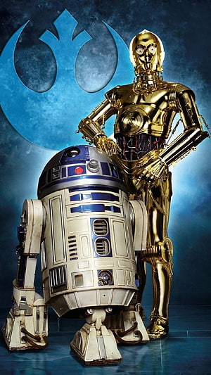 R2-D2 and C-3PO droids standing together in front of the Rebel Alliance symbol HD phone wallpaper