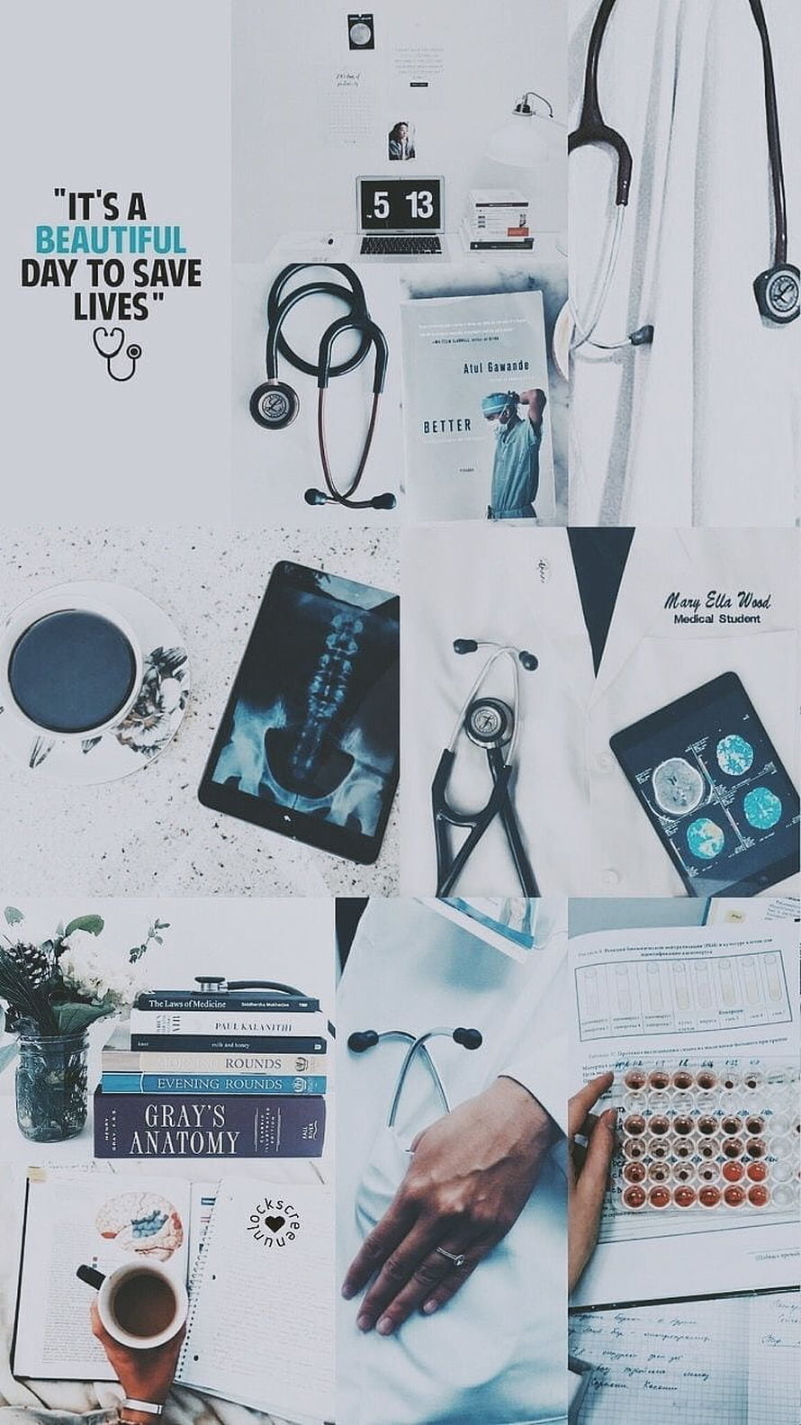 Medical Student Aesthetic Collage Featuring Stethoscopes, Anatomy Books, and X-Rays HD phone wallpaper