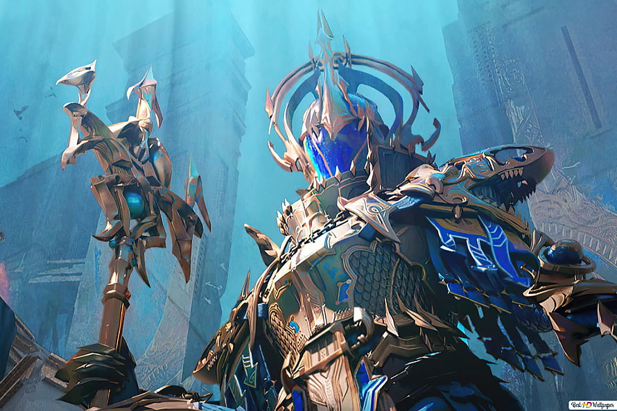 PUBG Poseidon X Suit Skin Concept Art with Ornate Gold and Blue Armor HD wallpaper