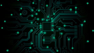 Glowing Green Printed Circuit Board with Illuminated Traces and Nodes on a Dark Background HD wallpaper