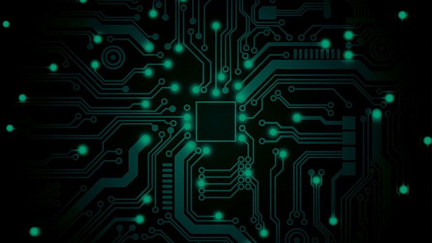 Glowing Green Printed Circuit Board with Illuminated Traces and Nodes on a Dark Background HD wallpaper