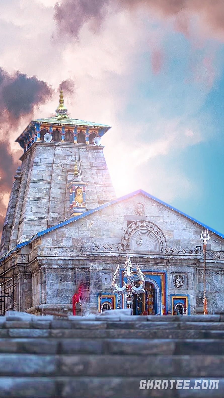 Kedarnath Temple Stone Architecture with Golden Spire and Dramatic Cloudy Sky HD phone wallpaper