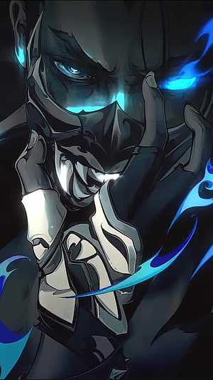 Yoru from Valorant in dark digital art with glowing blue energy and intense expression HD phone wallpaper