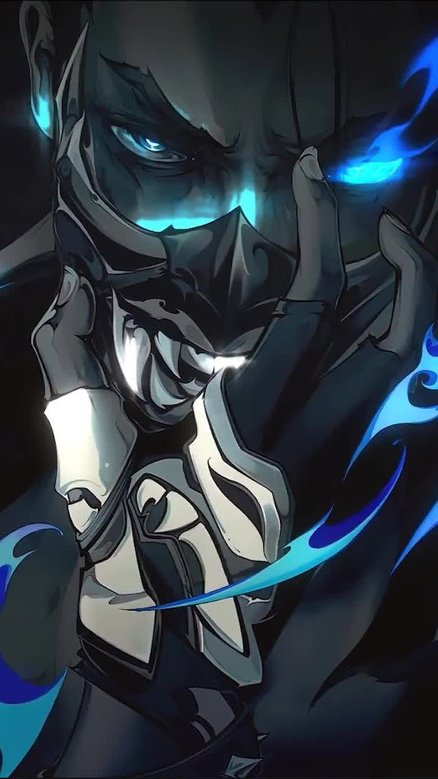 Yoru from Valorant in dark digital art with glowing blue energy and intense expression HD phone wallpaper