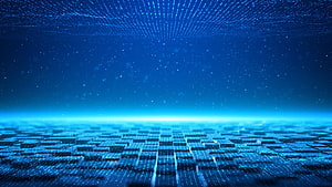 Futuristic Blue Digital Grid Landscape with Glowing Horizon and Particle Effects HD wallpaper