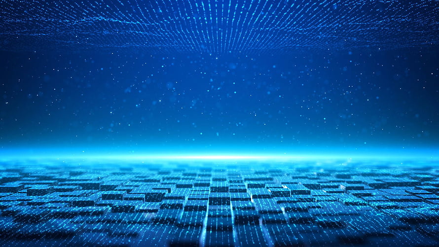 Futuristic Blue Digital Grid Landscape with Glowing Horizon and Particle Effects HD wallpaper