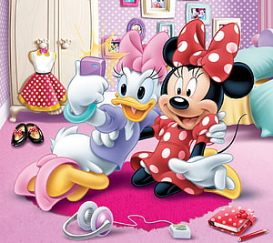 Minnie Mouse and Daisy Duck Taking a Selfie in a Pink Bedroom with Headphones and Polka Dot Dress HD wallpaper