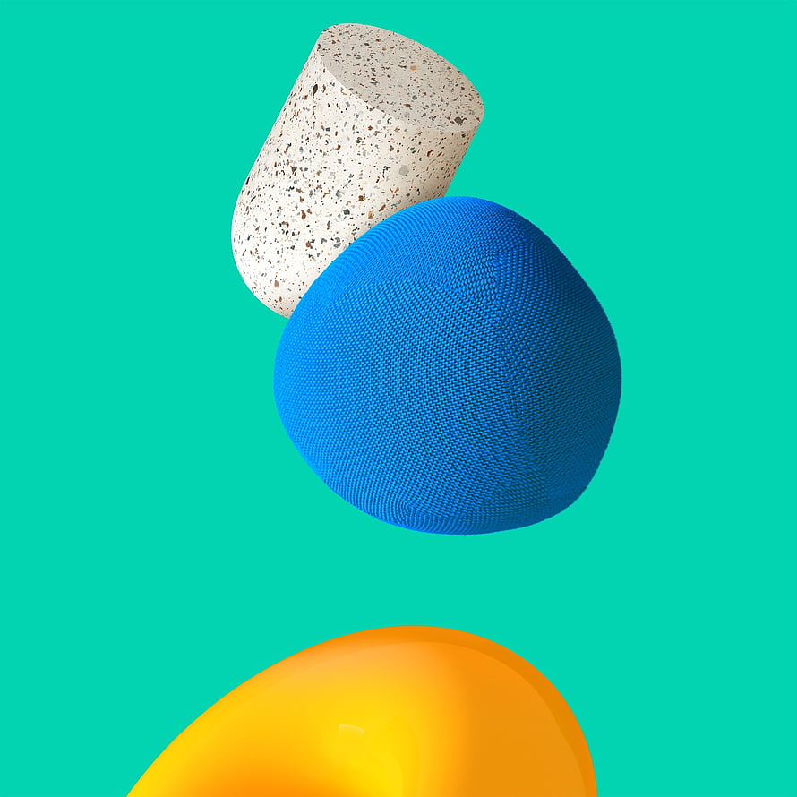 Abstract 3D geometric shapes with terrazzo cylinder, blue mesh sphere, and glossy orange orb on teal background HD phone wallpaper