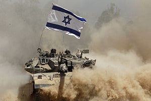 Israeli Main Battle Tank Charging Through Dust Cloud With National Flag Flying HD wallpaper