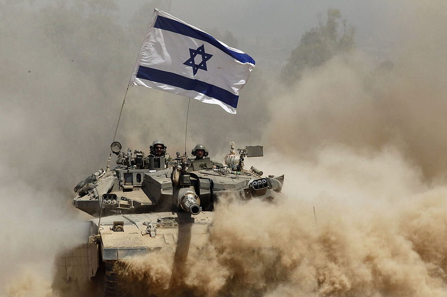Israeli Main Battle Tank Charging Through Dust Cloud With National Flag Flying HD wallpaper