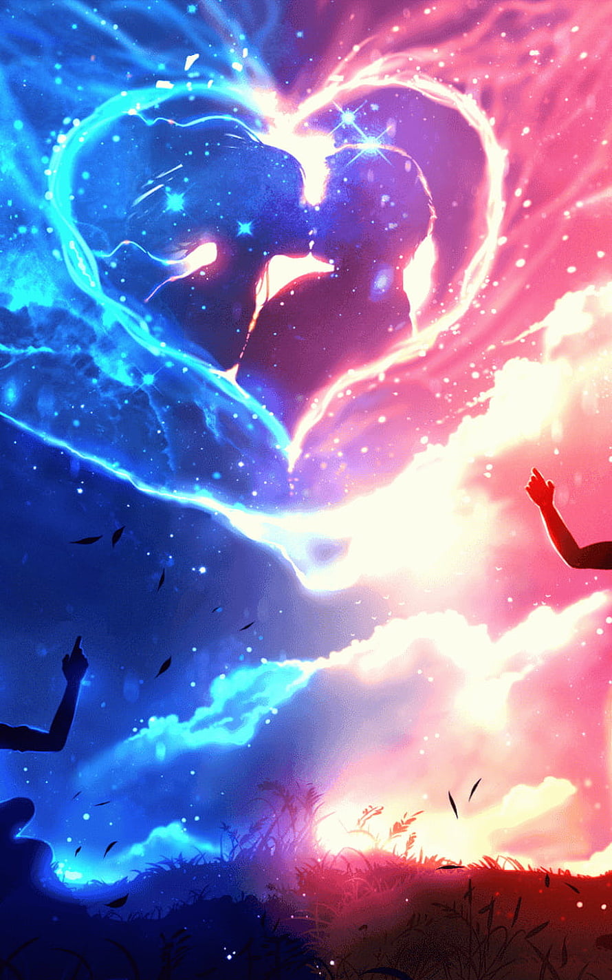Anime Boy and Girl Silhouettes Forming a Glowing Heart in a Cosmic Sky HD phone wallpaper