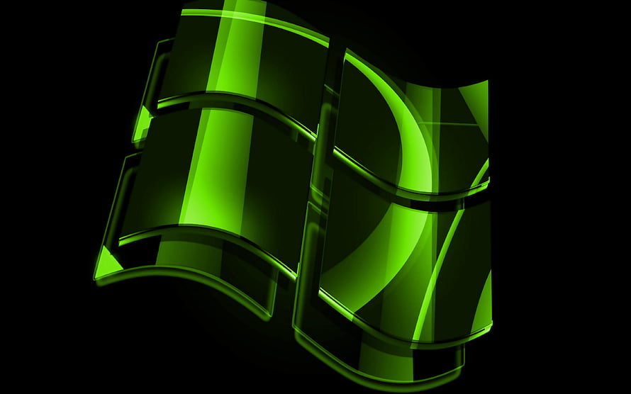 Glowing Green Windows Logo 3D Glass Design on Black Background HD wallpaper