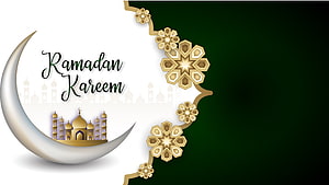 Ramadan Kareem Greeting Card with Crescent Moon, Golden Mosque, and Islamic Geometric Patterns on Green Background HD wallpaper