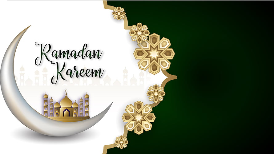 Ramadan Kareem Greeting Card with Crescent Moon, Golden Mosque, and Islamic Geometric Patterns on Green Background HD wallpaper