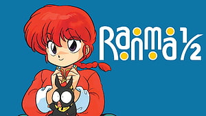 Ranma 1/2 Anime Character Artwork with Akane and P-chan on Blue Background HD wallpaper