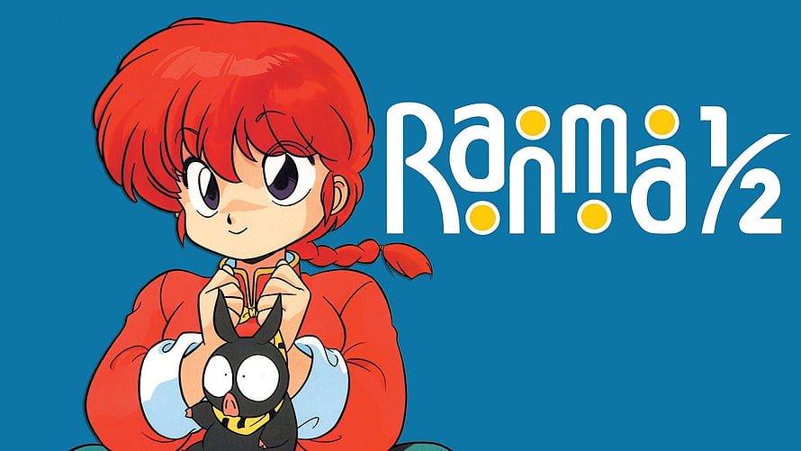 Ranma 1/2 Anime Character Artwork with Akane and P-chan on Blue Background HD wallpaper