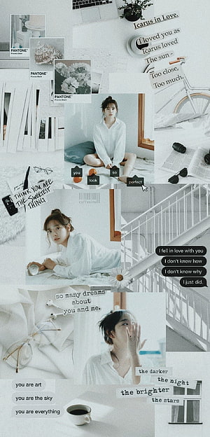 Kim Sejeong Aesthetic Collage Wallpaper with Soft White Tones and Poetic Text Overlays HD phone wallpaper