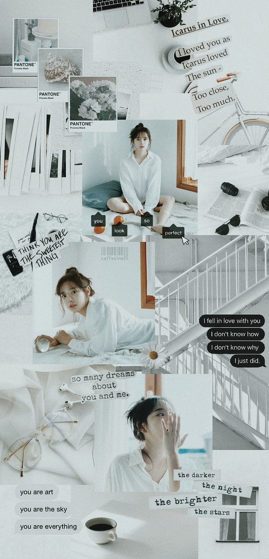 Kim Sejeong Aesthetic Collage Wallpaper with Soft White Tones and Poetic Text Overlays HD phone wallpaper