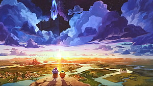 Guardian Tales Fantasy Landscape with Floating Castle and Sunset Horizon HD wallpaper
